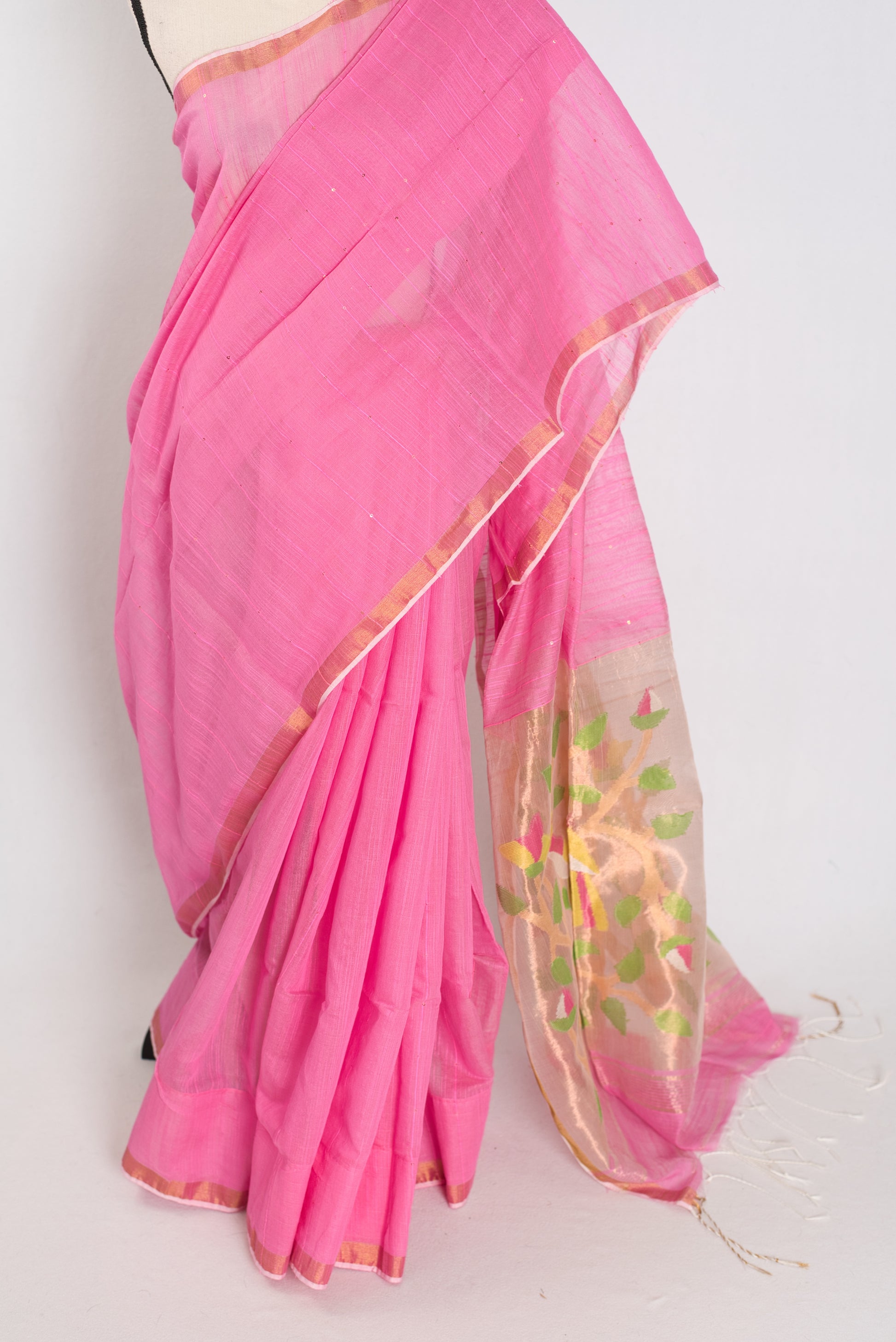 Bristi: Pink & Gold Muslin Cotton Jamdani Saree | Hand-Inspired Sequin Weaving image 6