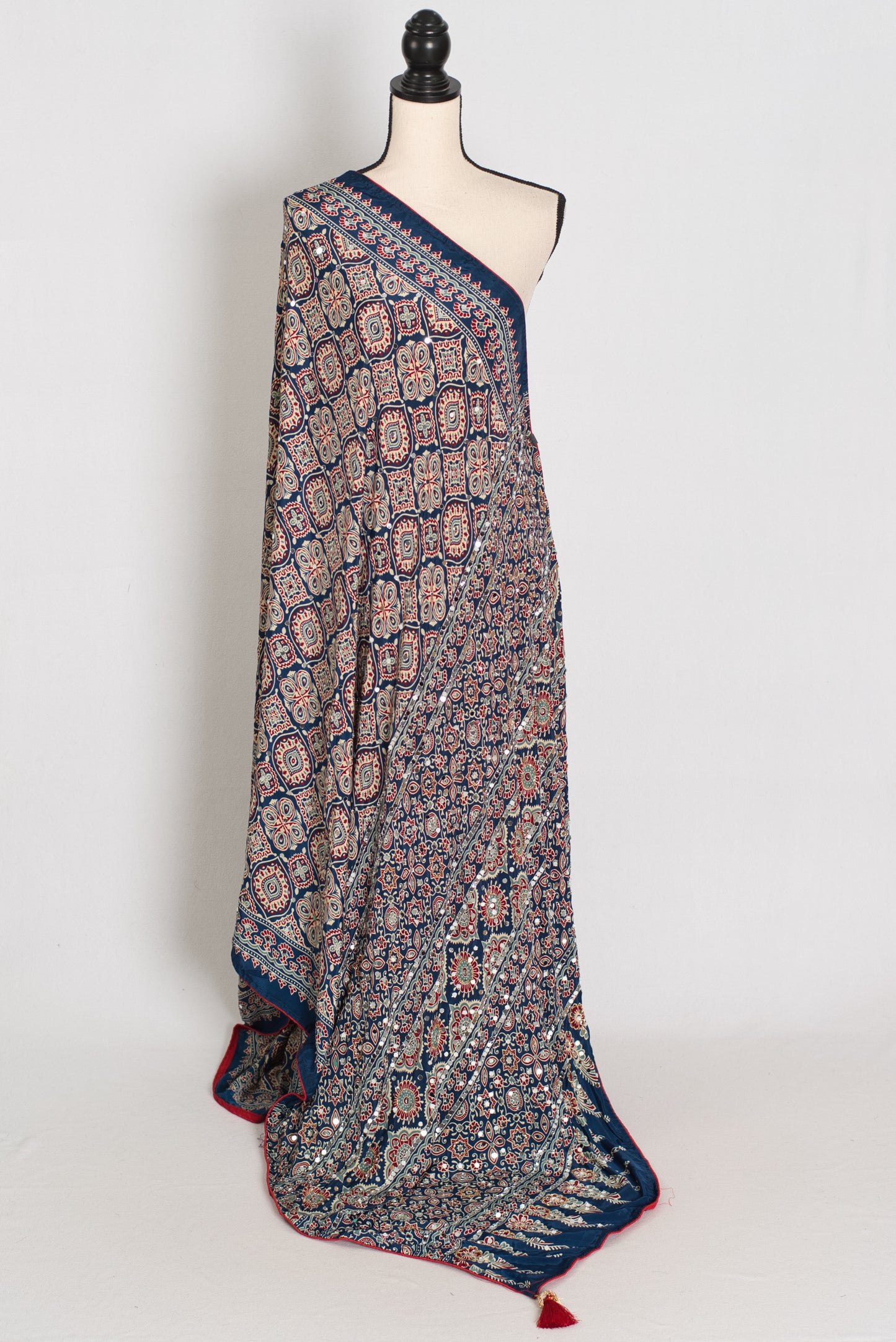 Jiya | Indigo Blue Ajrakh Printed Saree | Mirror Work Semi Modal Silk image 4