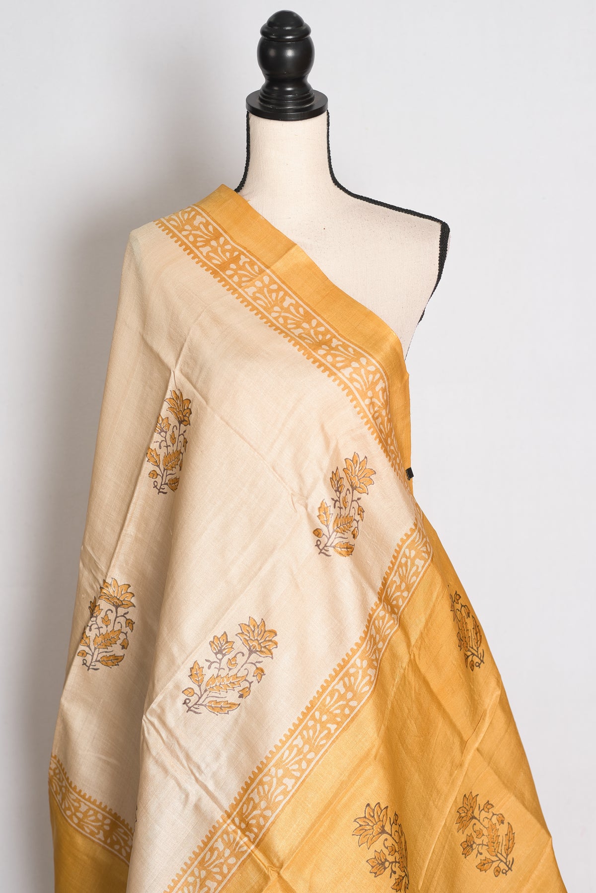 Trisha : Cream and Mustard Yellow Hand Block Printed Pure Tussar Silk Saree image 4
