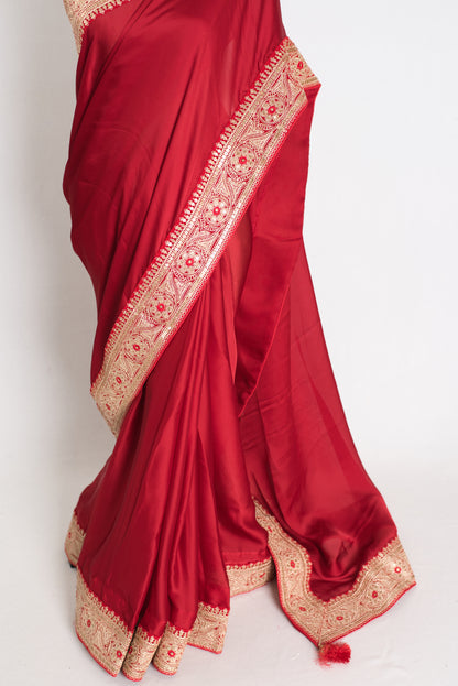 Noor : Dark Red Patch Border Designer Satin Silk Partywear Saree image 6