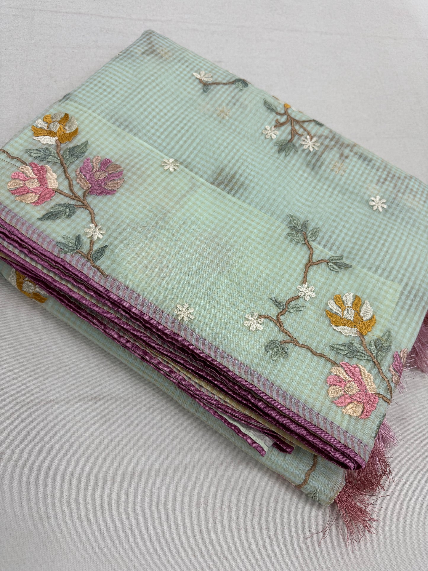 Damini | Sea Green Floral Embroidery Blended Cotton Kota Saree image 1