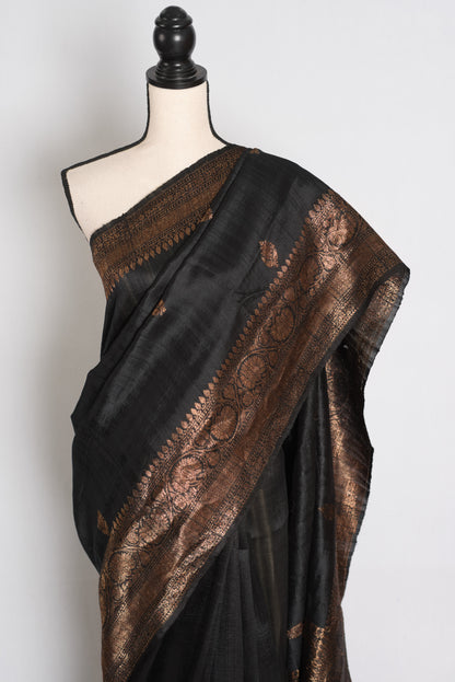 Nandini : Black Pure Raw Silk Banarasi Saree | Antique Gold Zari Weave image 6