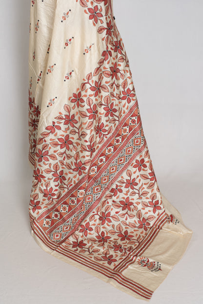 Nina : Cream and Brown Hand Embroidered Kantha Stitch Pure Bangalore Silk Saree image 4