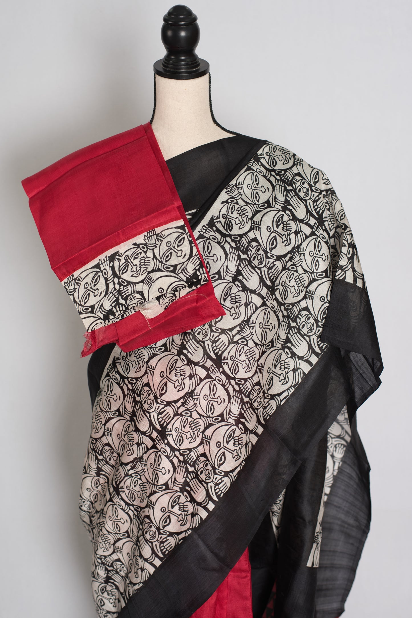 Swapna : Black and Red Half and Half Hand Block Printed Murshidabad Silk Saree image 2