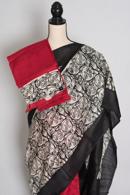 Swapna : Black and Red Half and Half Hand Block Printed Murshidabad Silk Saree image 2