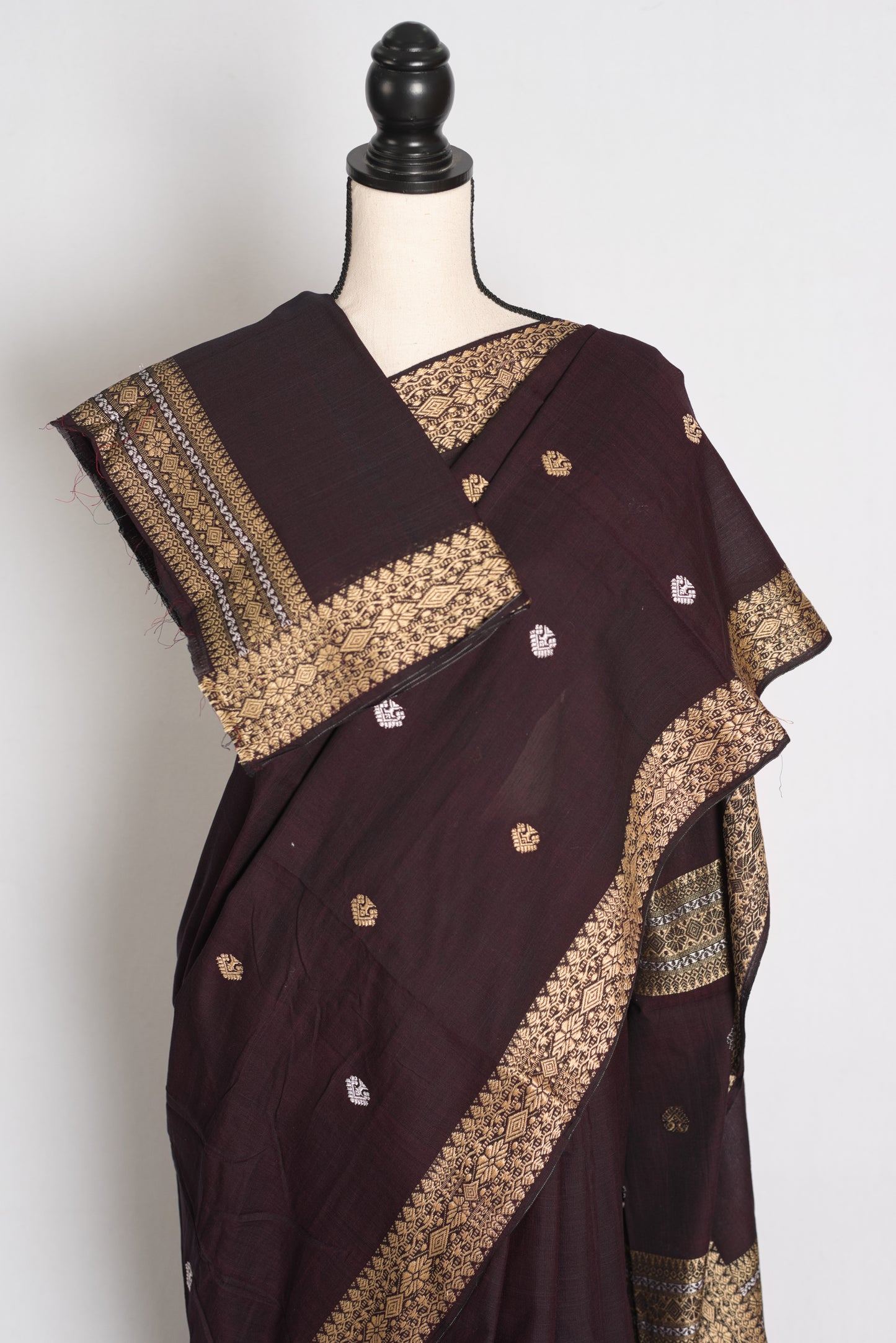 Gracy : Deep Coffee Brown Pure Cotton Assamese Handloom Saree image 2