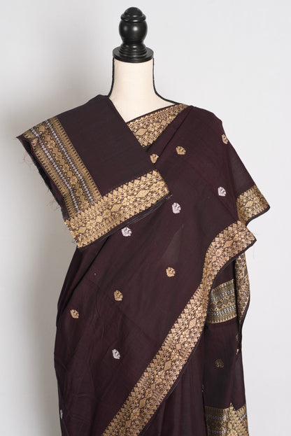 Gracy : Deep Coffee Brown Pure Cotton Assamese Handloom Saree image 2