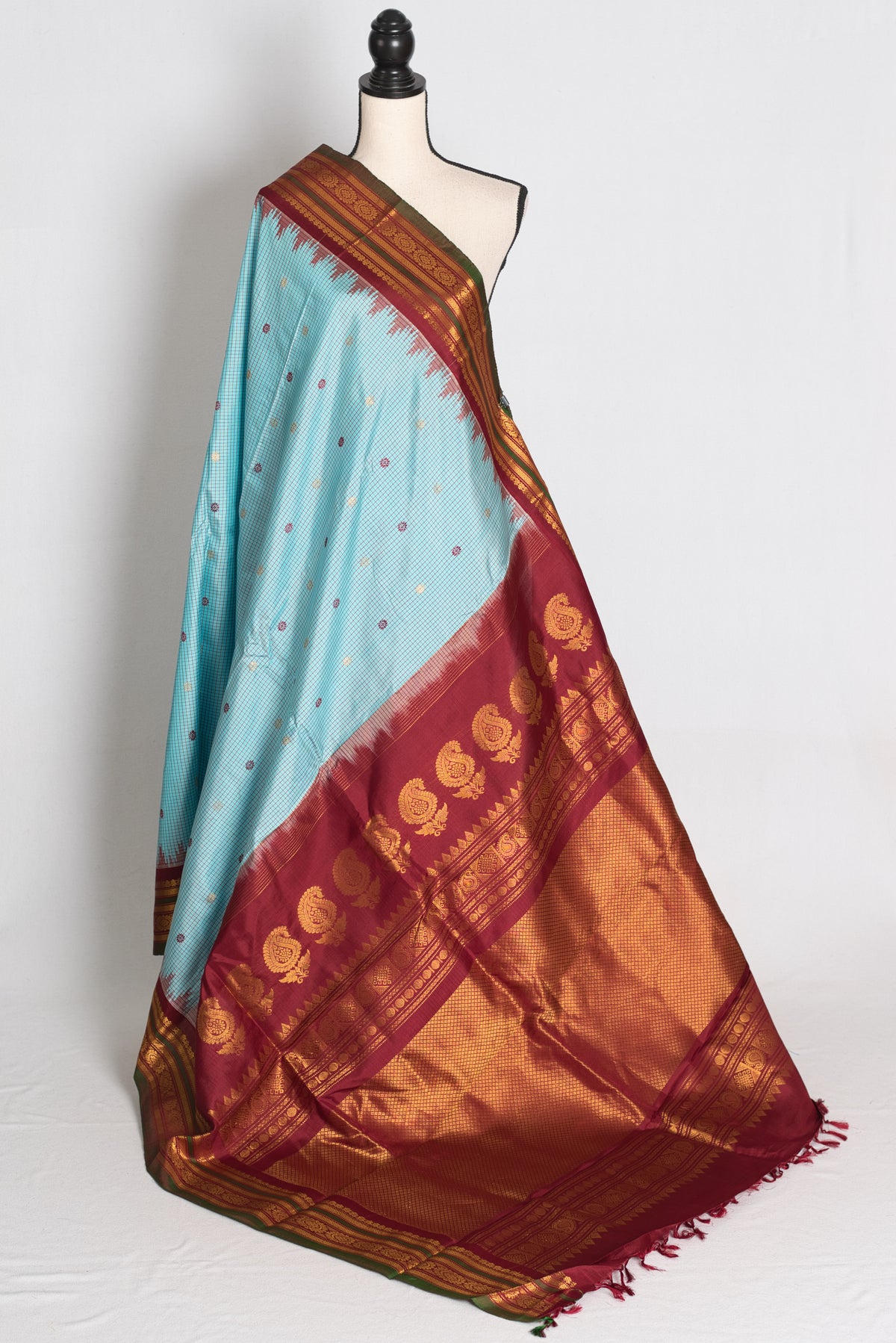 Naheed : Sky Blue and Maroon Micro Checks Handloom Gadwal Silk Saree image 1