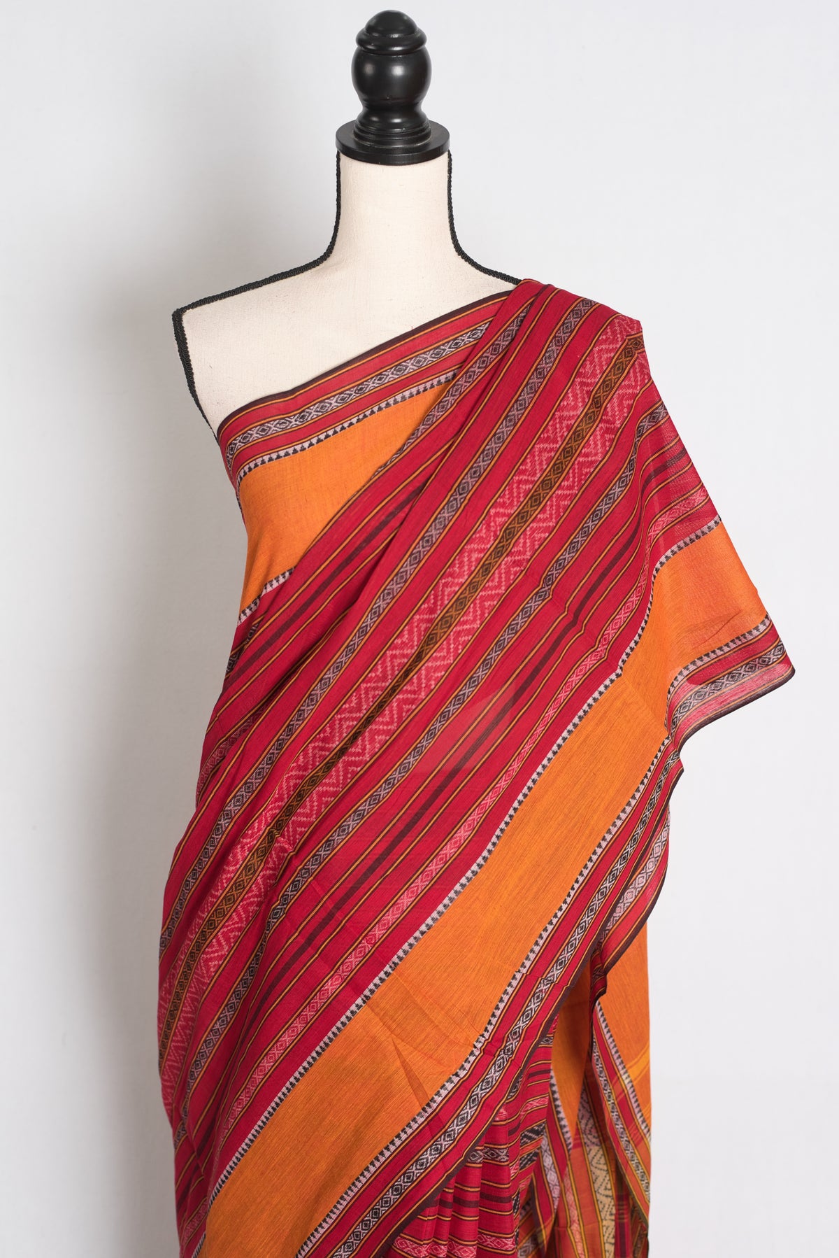 Red and Mustard Yellow Dhaniakhali saree — drape view
