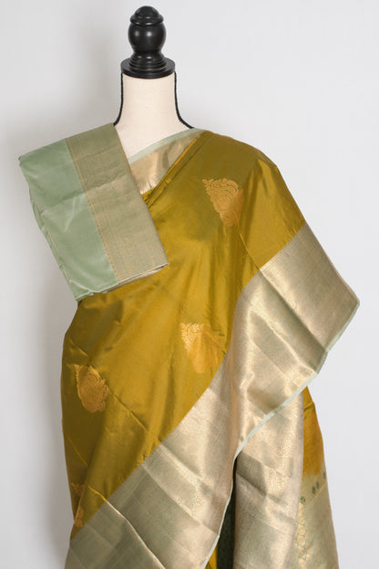 Harini – Olive Green Semi Silk Kanjivaram Saree with Sage Green Wide Border image 2