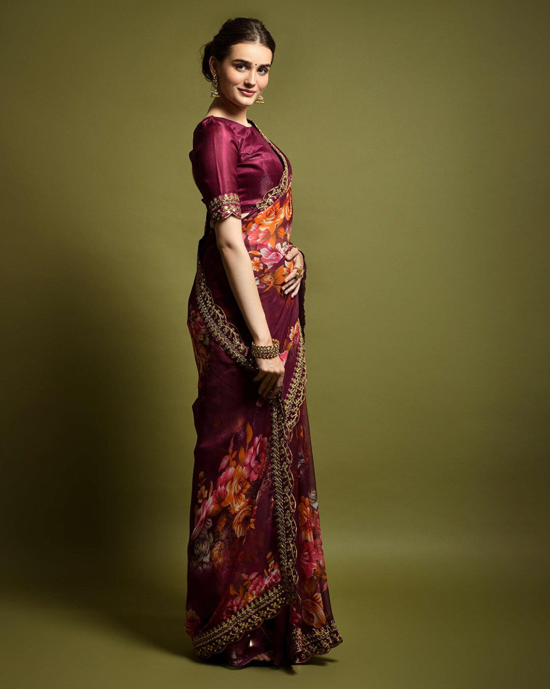 Designer Floral Georgette Partywear Saree in Wine Color.