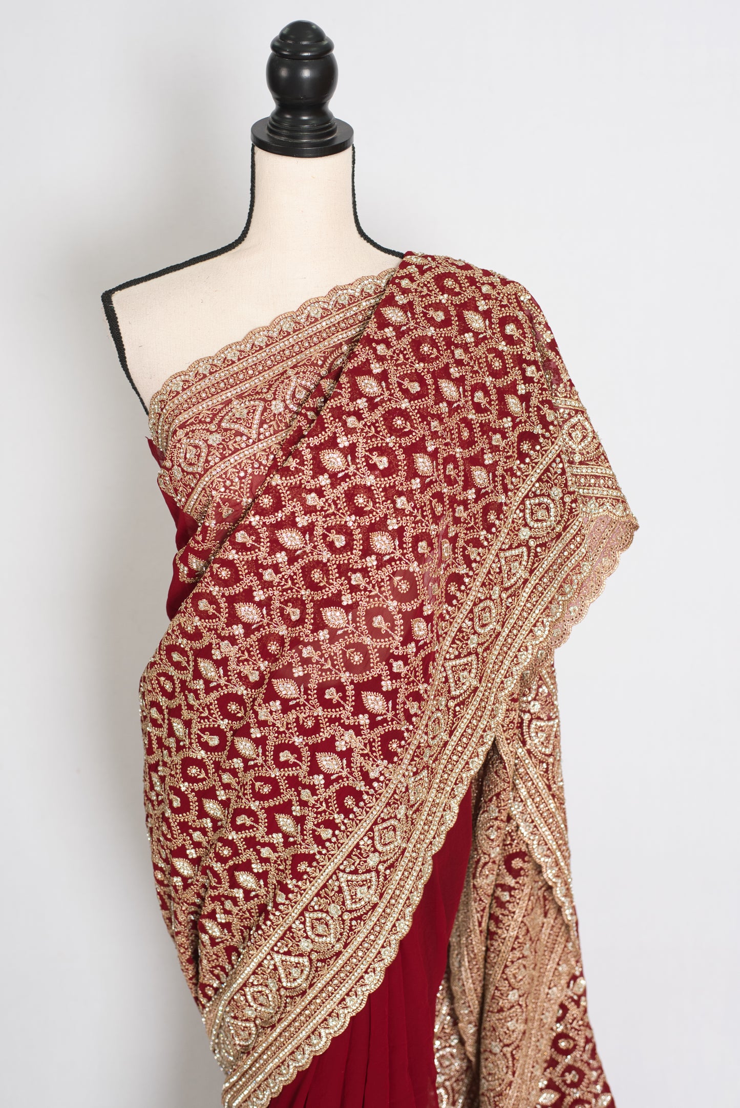 Mohey | Maroon and Gold Georgette Bridal Saree | Elegant Royal Festive Wear image 6