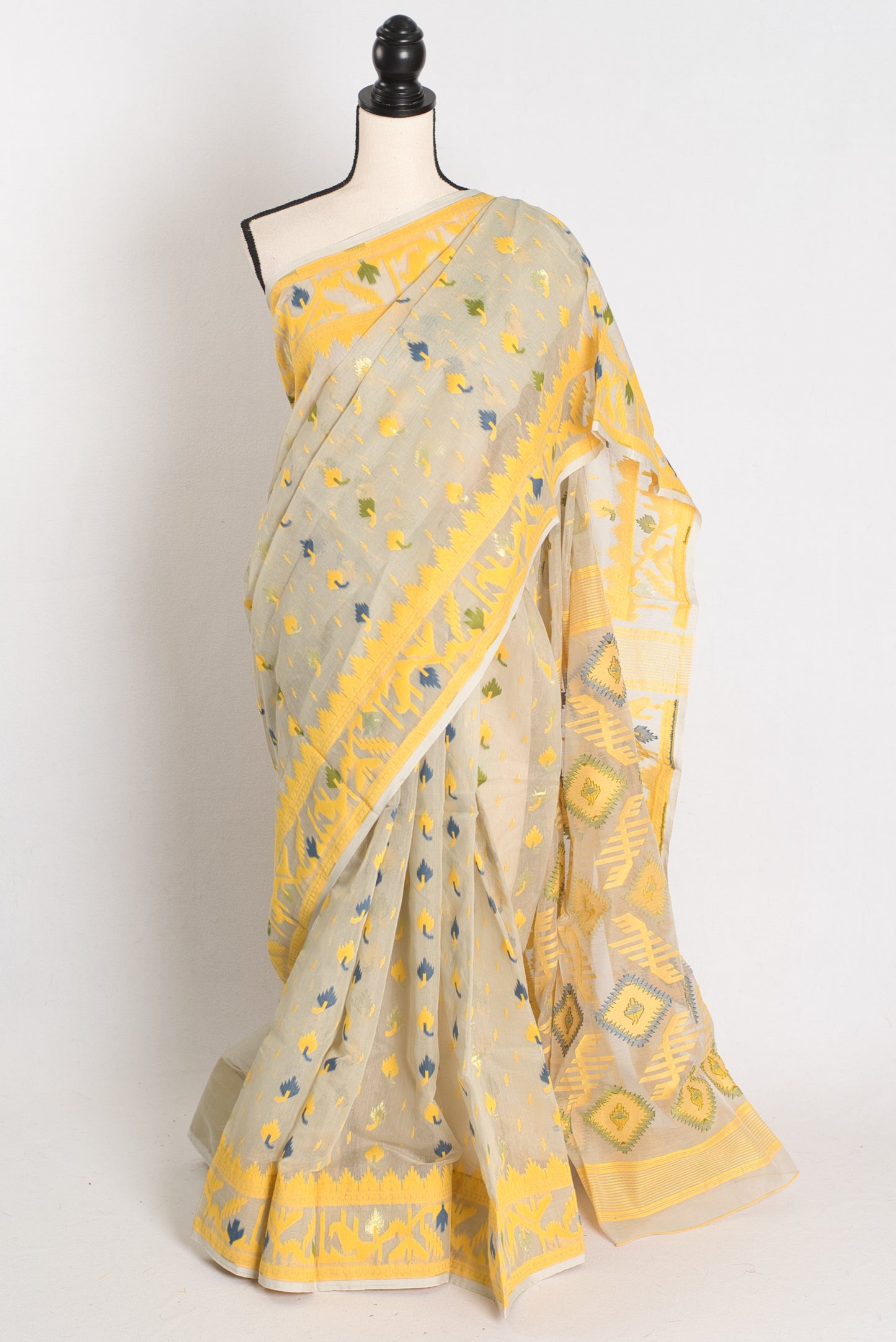 Snigdha : Brown and Yellow Blended Soft Cotton Jamdani Bengali Saree image 0