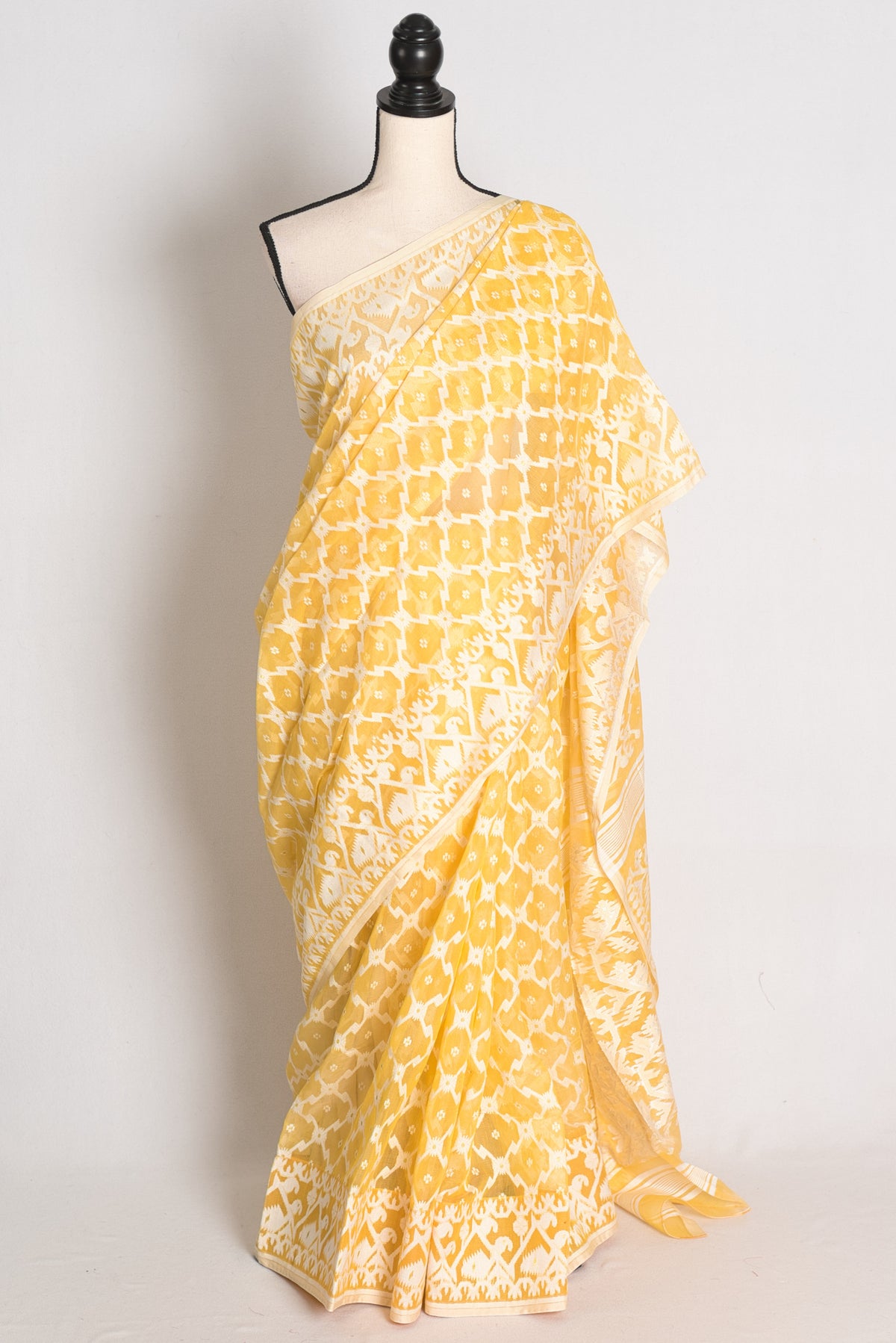 Urmi : Butter Yellow and White Soft Blended Cotton Bengali Jamdani Saree image 0