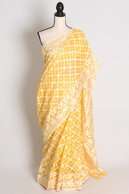 Urmi : Butter Yellow and White Soft Blended Cotton Bengali Jamdani Saree image 0