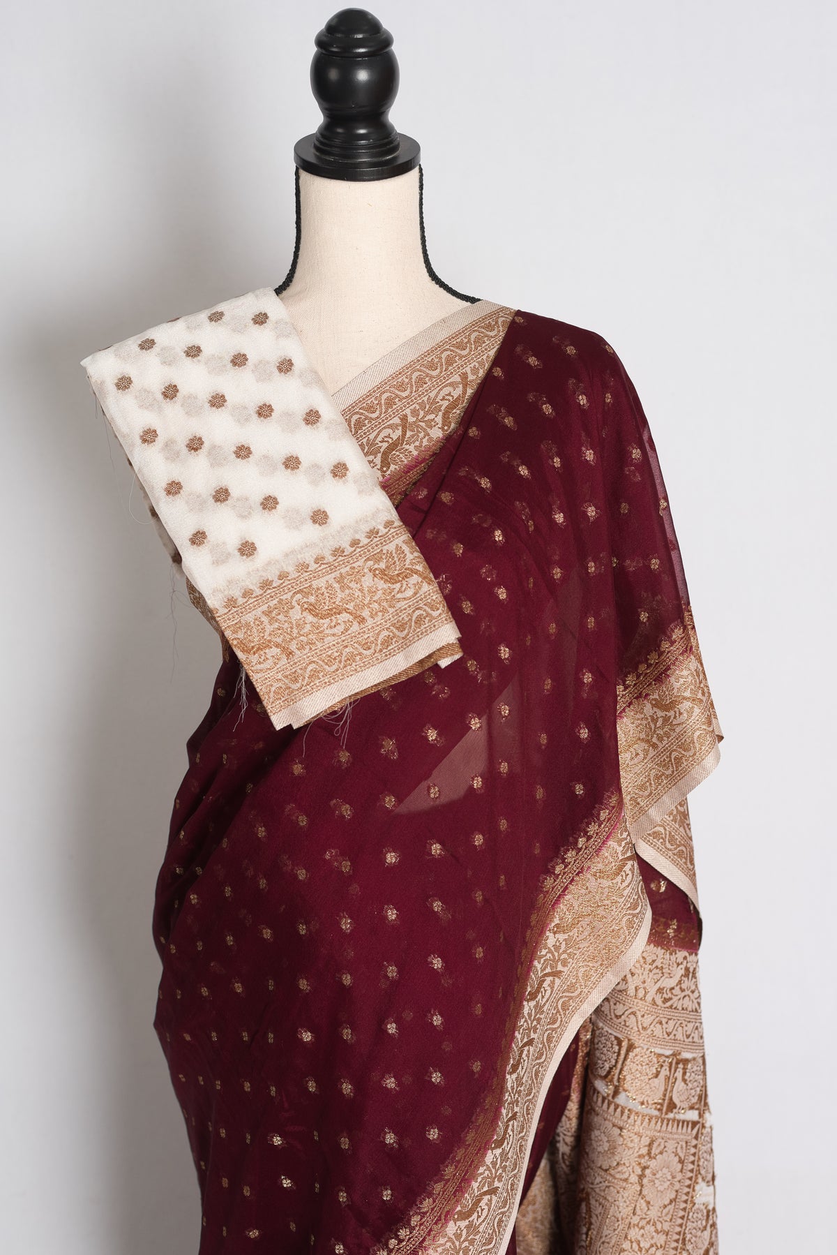 Savita: Maroon Semi Georgette Banarasi Saree with White Border image 2