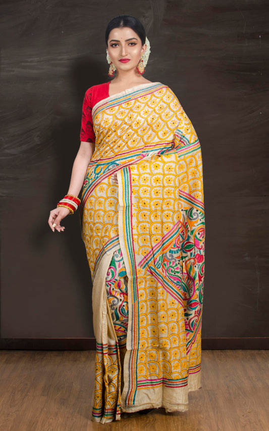 Katha : Silk Mark Pure Tussar Silk Kantha Stitch Saree | Hand Embroidered image 0