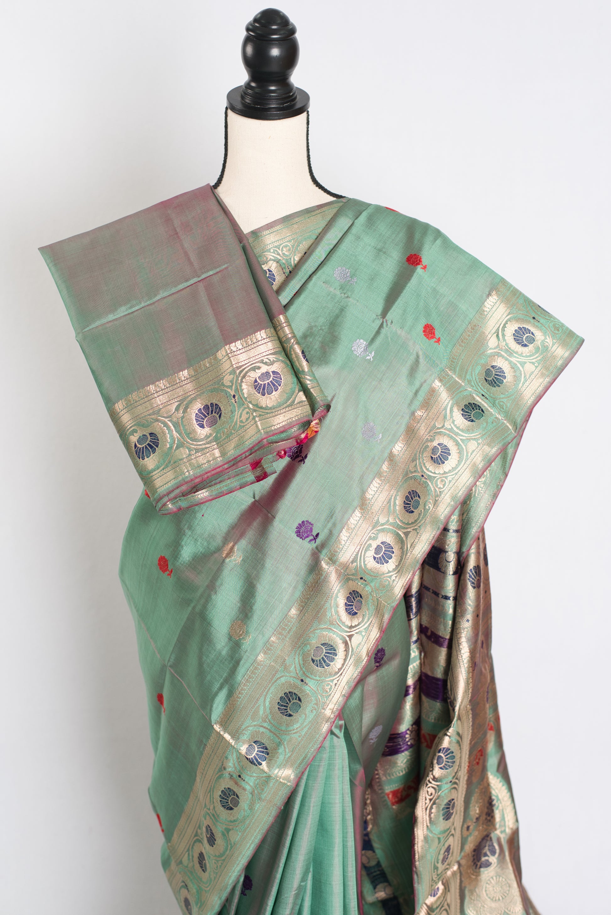 Aahiri : Heritage Revival Baluchari Silk Saree from Bengal  in English Green image 2