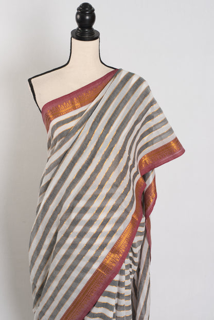 Iti: White & Gray Horizontal Striped Mulmul Cotton Saree | Lightweight Handloom image 5