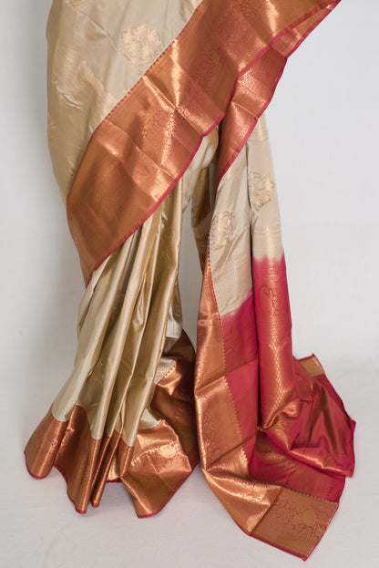 Rama : Mud White & Brick Red Contrast Semi Silk Kanjivaram Saree image 6
