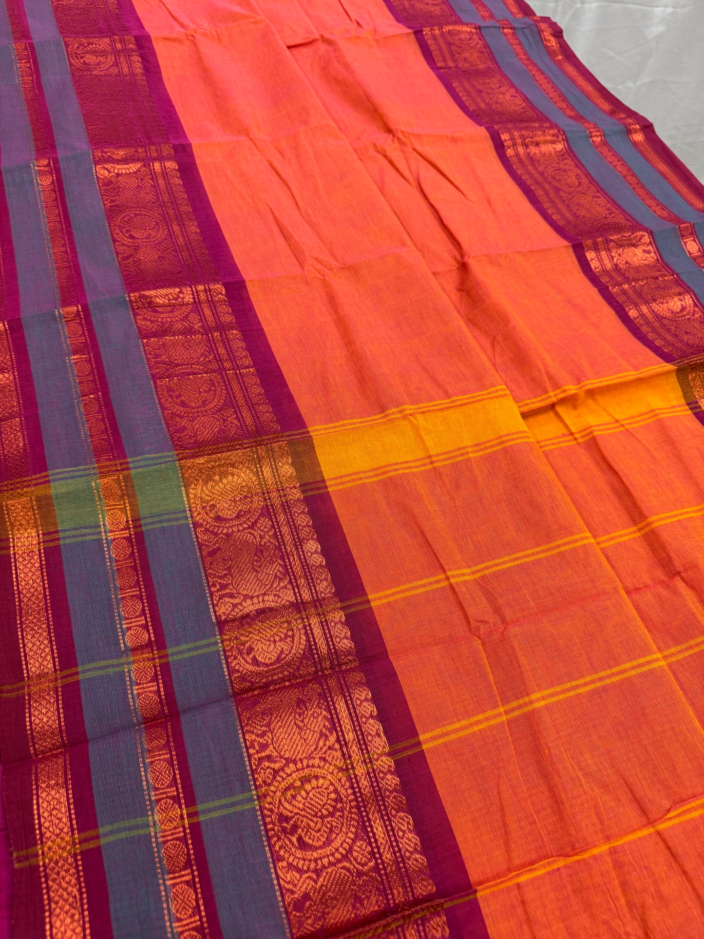 Malathi : Handwoven Kanchi Cotton Saree in Orange and Magenta image 4