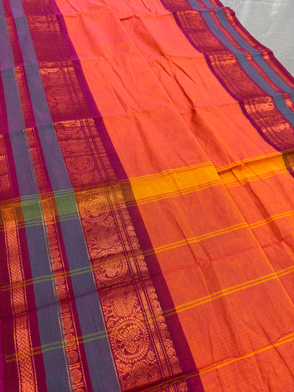 Malathi : Handwoven Kanchi Cotton Saree in Orange and Magenta image 4