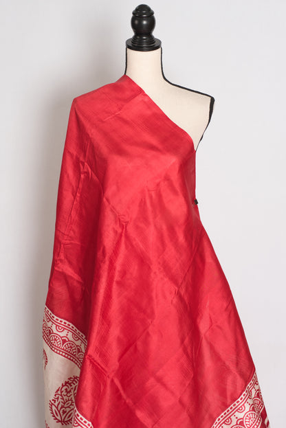 Kasturi : Red and White Hand Block Printed Murshidabad Silk Saree image 3