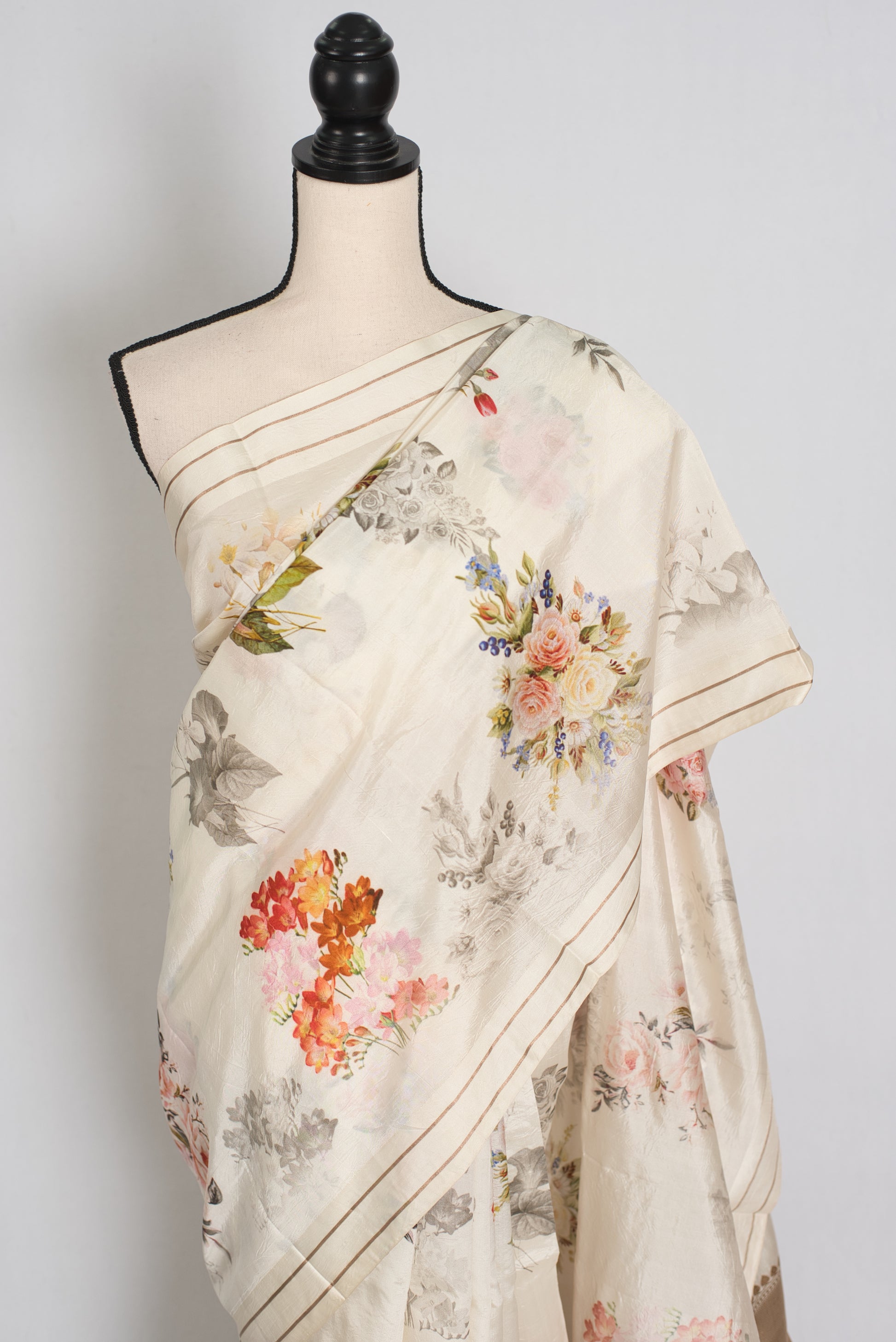 Sheuli : Ivory White Floral Printed Banarasi Katan Silk Saree image 5