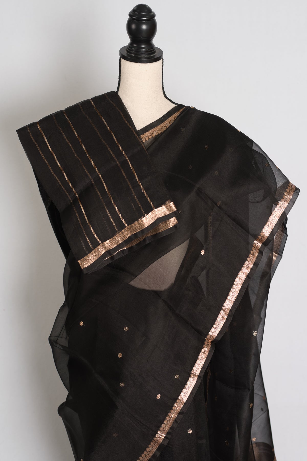 Black and Antique Gold Banarasi saree — drape view