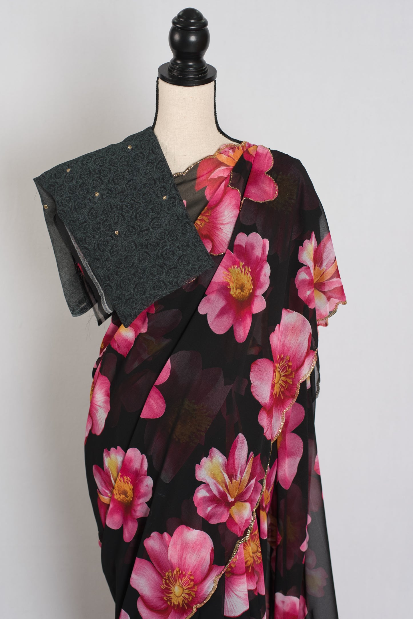 Eva : Black and Pink Floral Georgette Designer Embroidery Saree image 2