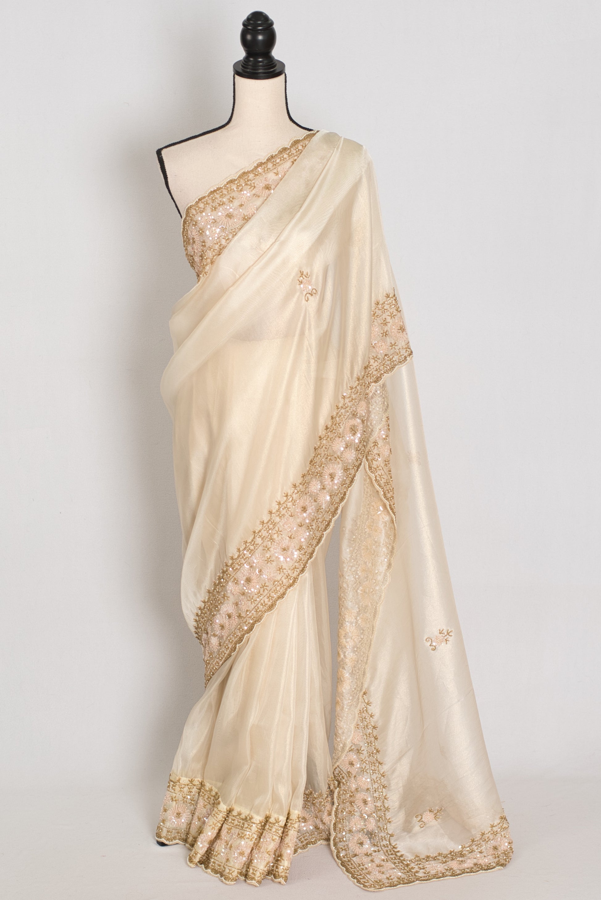 Shruti | Cream & Gold Soft Tissue Embroidered Wedding Saree | Pastel Collection image 0