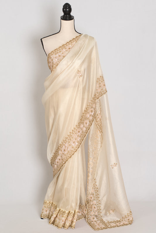 Shruti | Cream & Gold Soft Tissue Embroidered Wedding Saree | Pastel Collection image 0