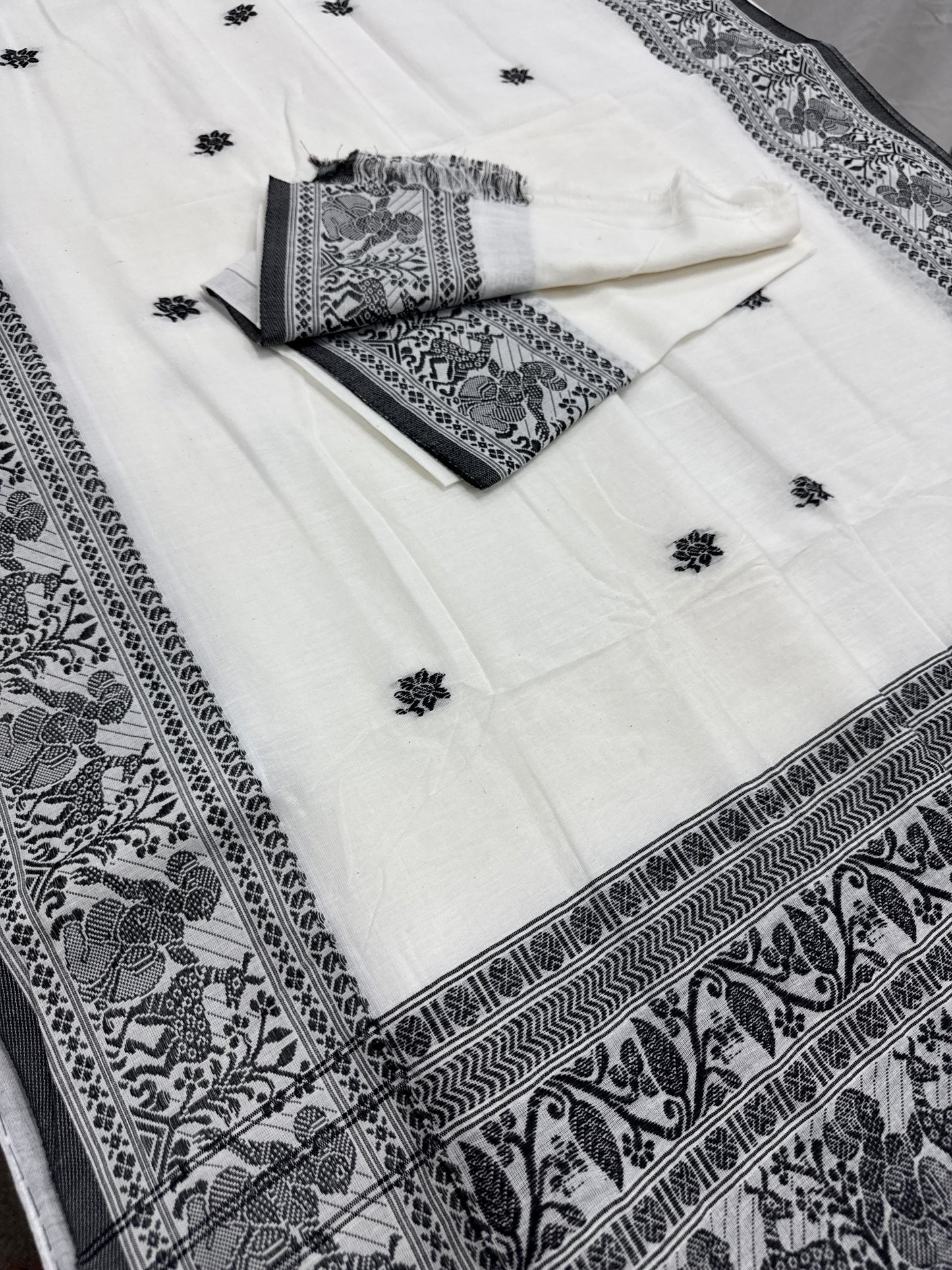 Nandini : Off-White and Black Soft Cotton Baluchari Saree with Blouse Piece image 1