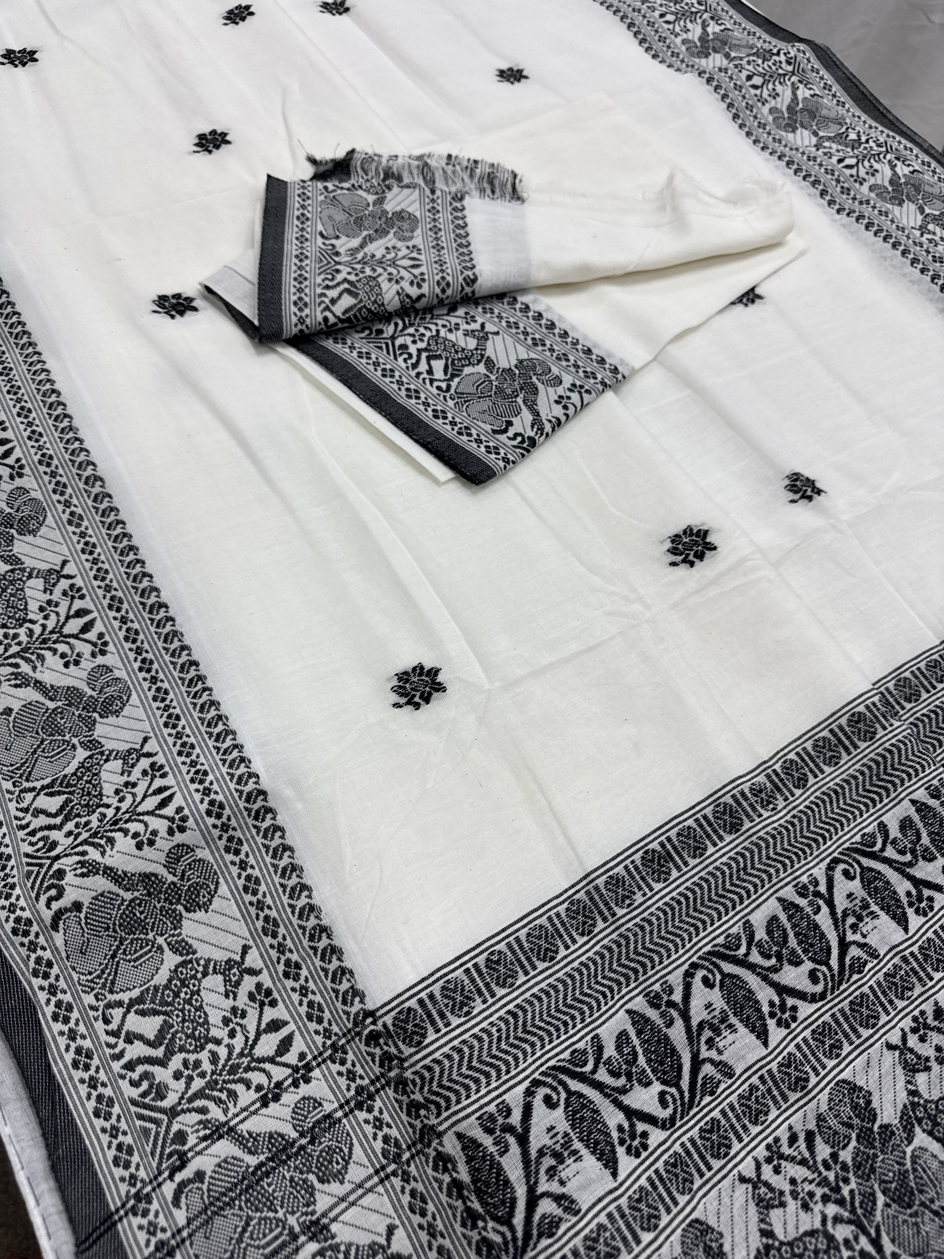Nandini : Off-White and Black Soft Cotton Baluchari Saree with Blouse Piece image 1