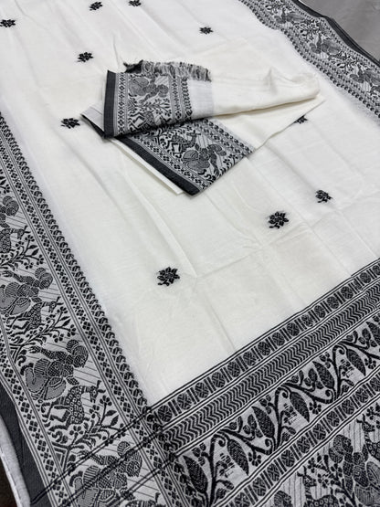 Nandini : Off-White and Black Soft Cotton Baluchari Saree with Blouse Piece image 1