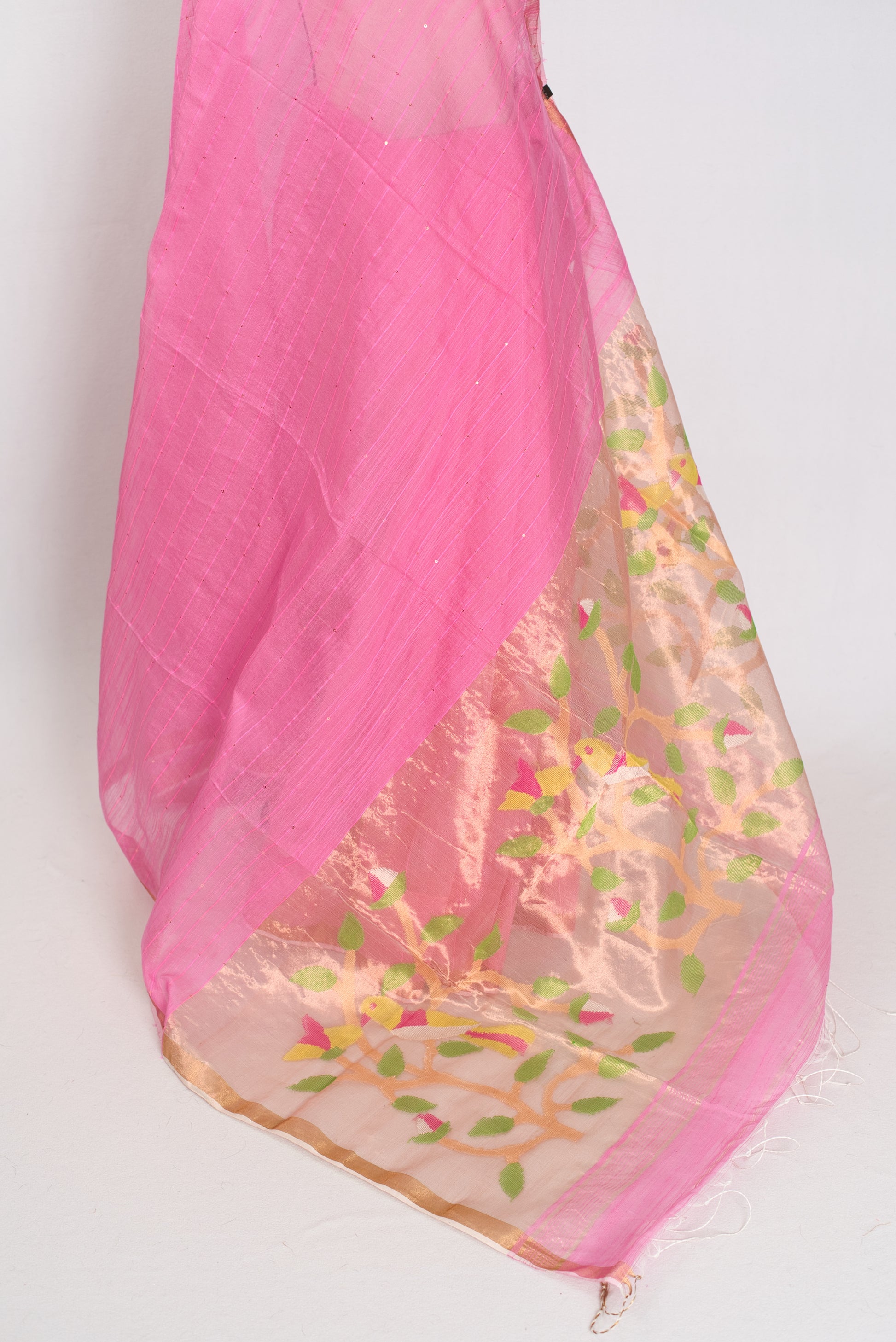 Bristi: Pink & Gold Muslin Cotton Jamdani Saree | Hand-Inspired Sequin Weaving image 4