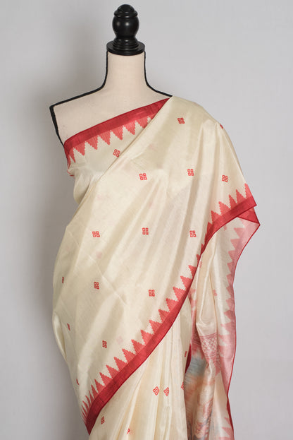 Gauri: Traditional Cream and Red Semi Silk Durga Puja Saree with Durga Pallu image 6