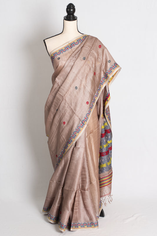 Charulata : Bengal Tussar Silk Saree in English Brown with Multicolour Buti image 0
