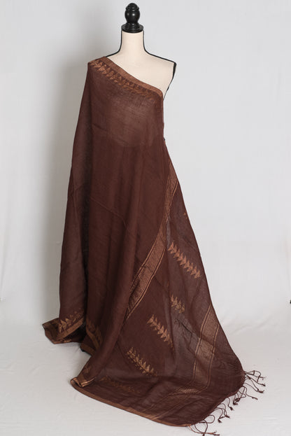 Keya : Dark Brown and Antique Gold Handwoven Linen by Linen Jamdani Saree image 1