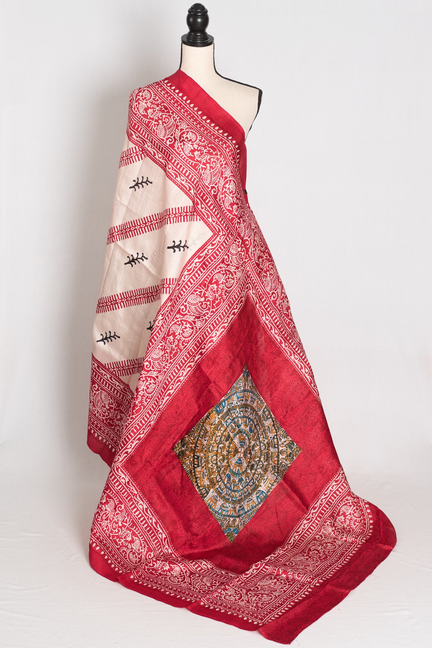 Durga : Traditional Off-White and Red Printed Murshidabad Pure Silk Saree image 1