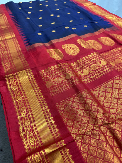 Nishira - Handwoven Midnight Blue and Red Gadwal Silk Saree image 2
