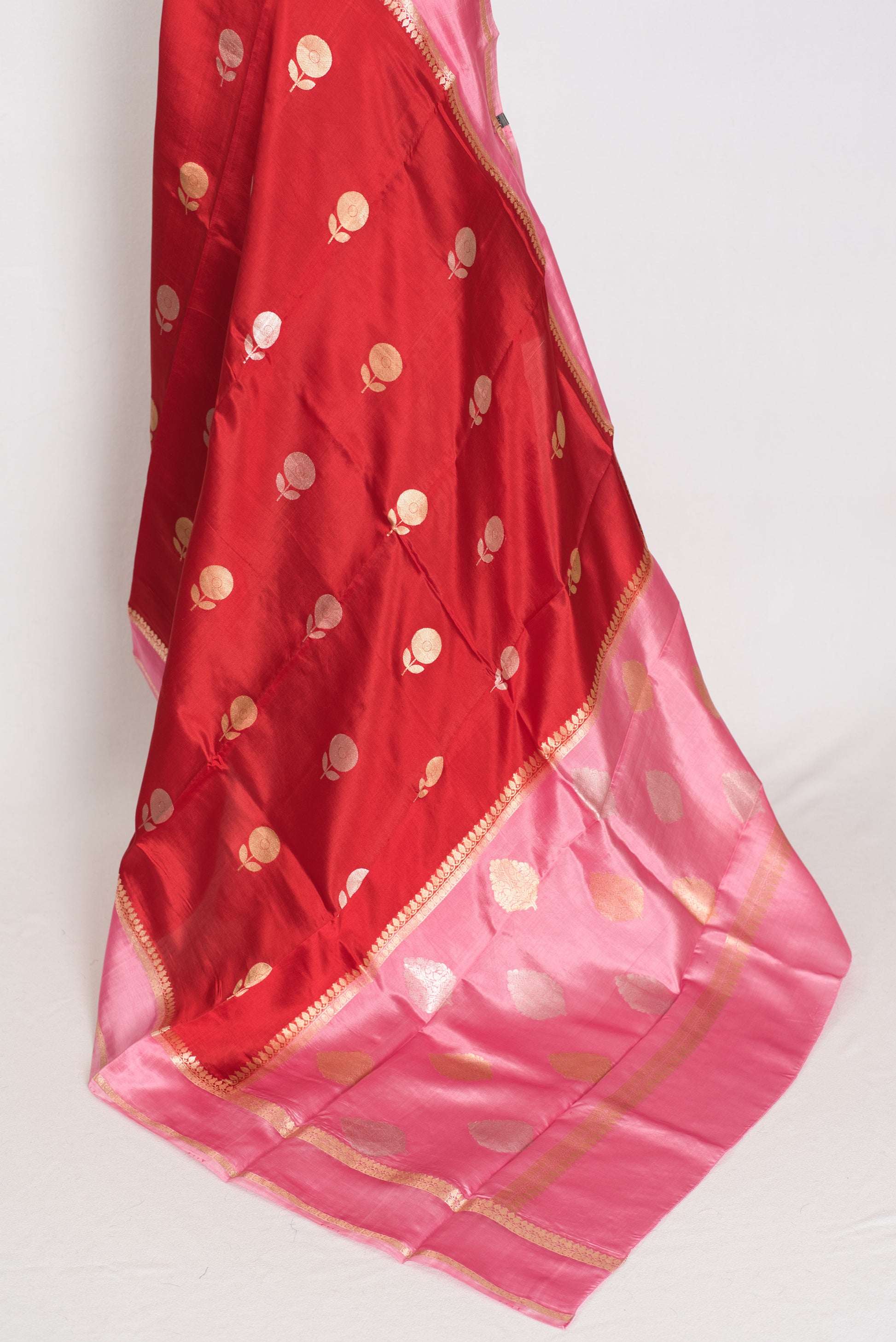 Roshni | Red & Pink Satin Katan Banarasi Silk Saree | Modern Floral Motifs image 3