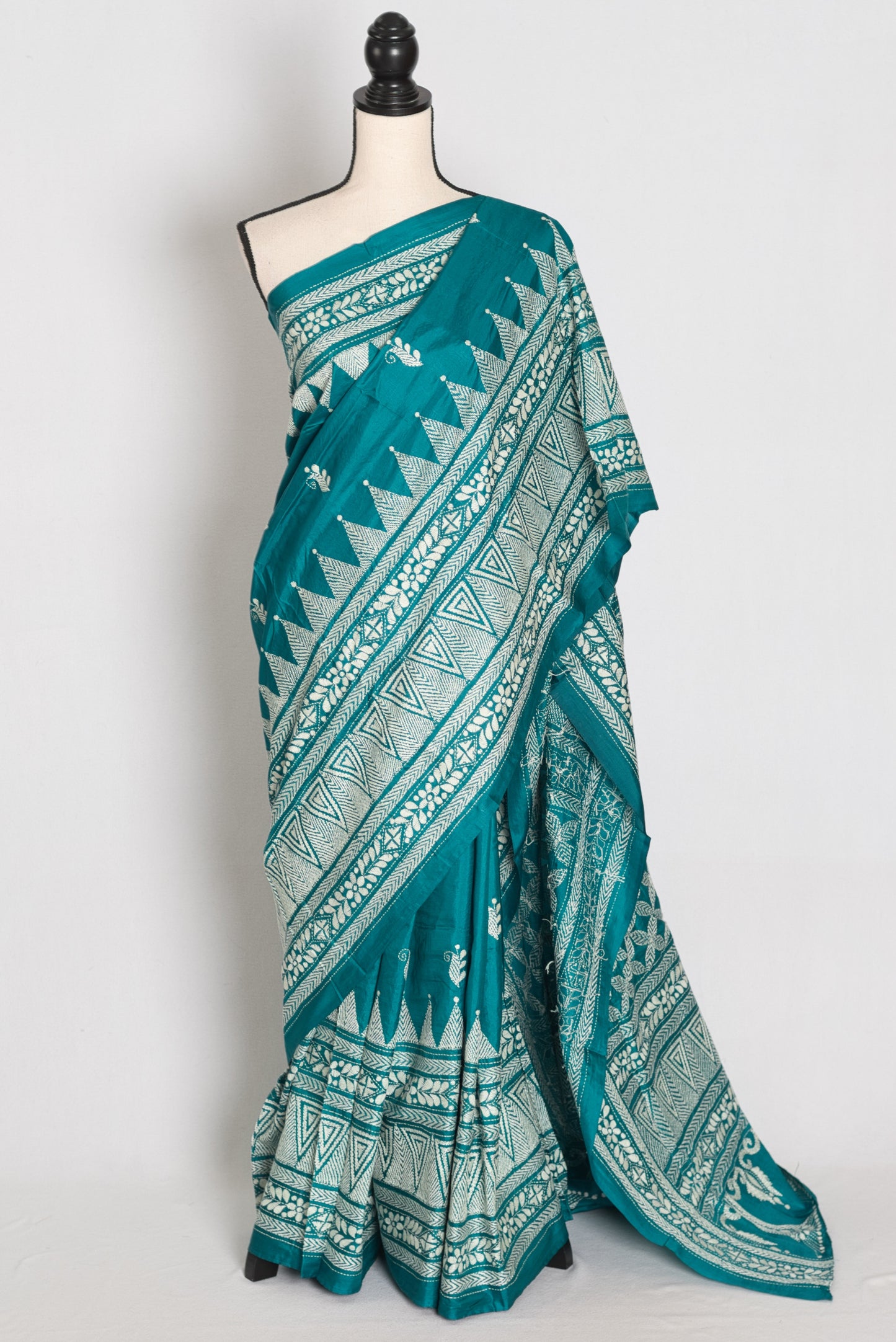 Keya : Green Pure Silk Kantha Saree with 40 Size Ready Stitched Blouse image 0