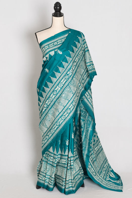 Keya : Green Pure Silk Kantha Saree with 40 Size Ready Stitched Blouse image 0