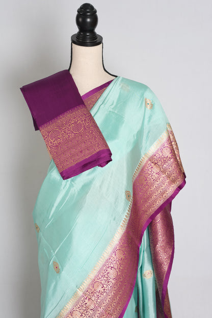 Turquoise Blue and Purple Banarasi saree — drape view