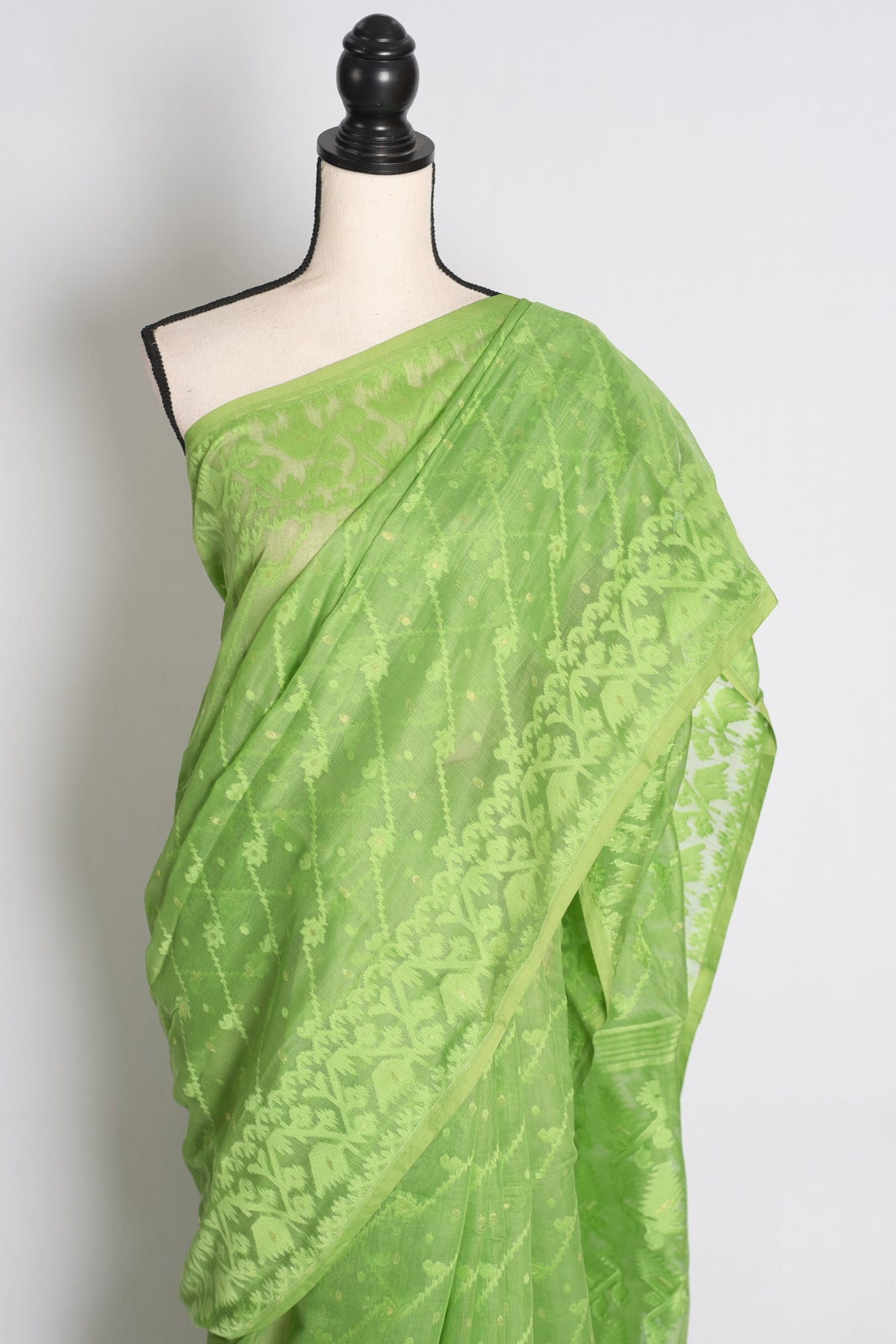 Fresh Light Green Jamdani saree — drape view
