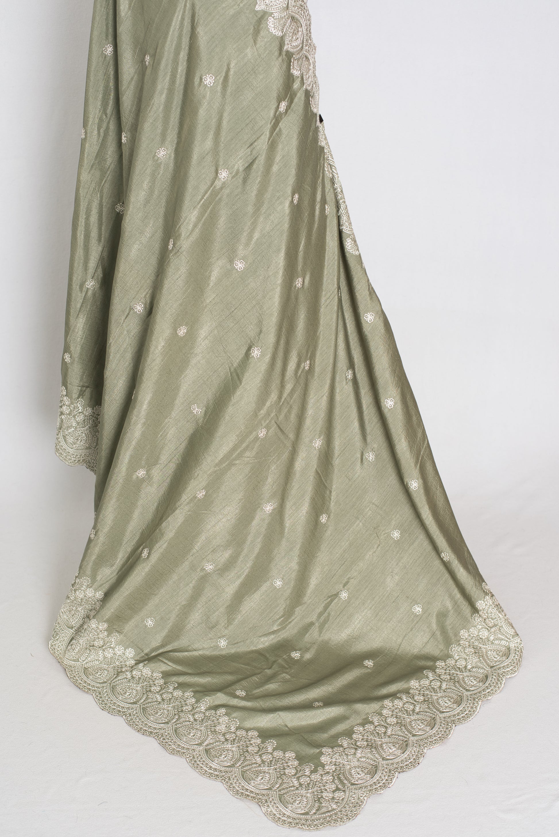 Hema | Sage Green Semi Tussar Silk Saree | Machine Embroidery & Scalloped Border image 4