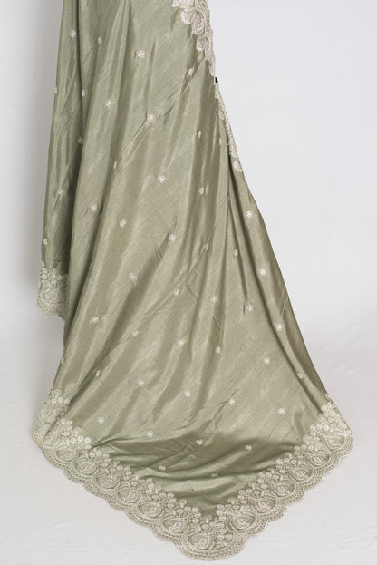 Hema | Sage Green Semi Tussar Silk Saree | Machine Embroidery & Scalloped Border image 4
