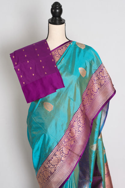 Yasmin : Cyan Blue & Deep Purple Pure Katan Banarasi Silk Saree image 2