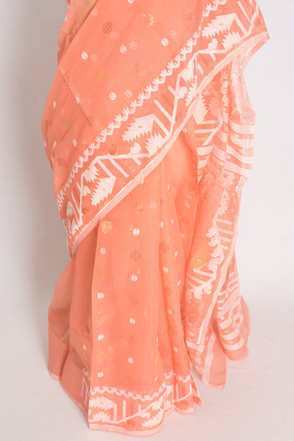 Ramani : Peach Orange Blended Soft Cotton Jamdani Bengali Saree image 5